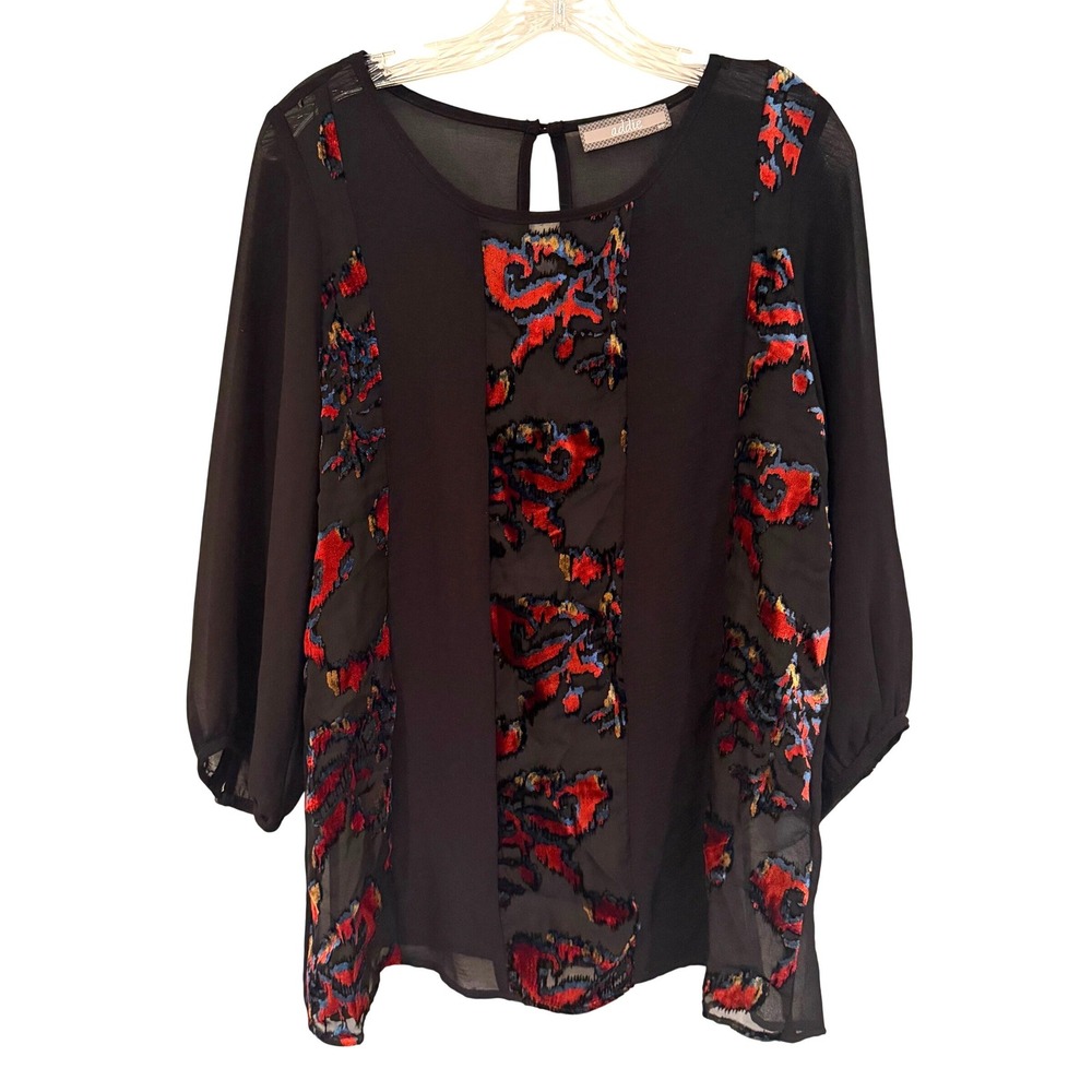 Addie Black Velvet Floral Burnout Sheer Boho Blouse Women's‎ Large Black Dainty